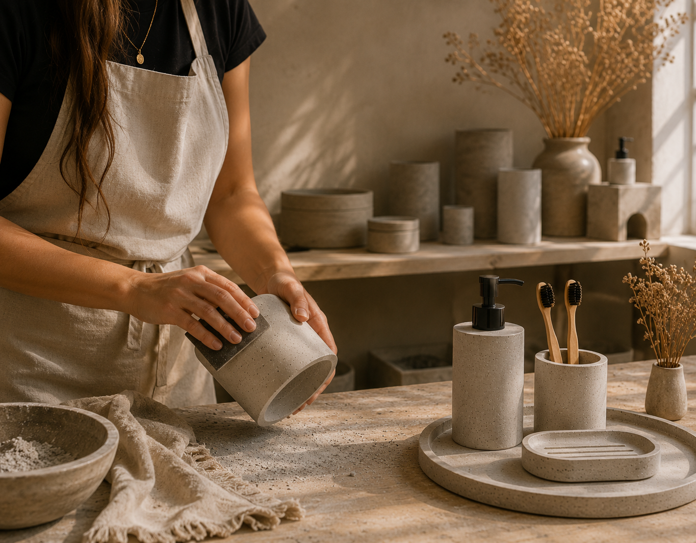 Artesã lixando uma peça de cimento em ateliê, com bandejas, dispensers e vasos artesanais ao fundo sob luz natural.