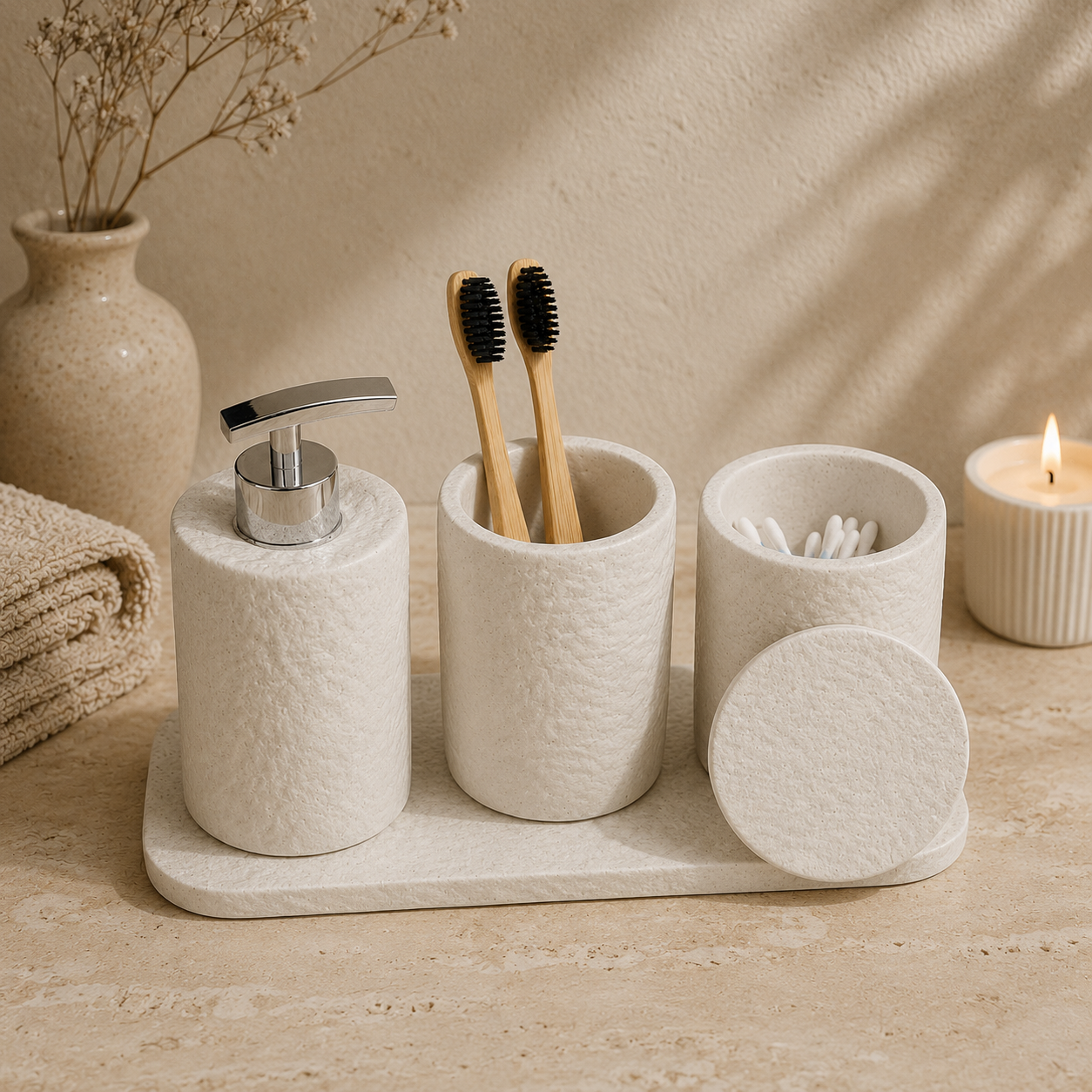 Kit em cimento com dispenser cromado, porta-escovas e pote decorativo em ambientação sofisticada.